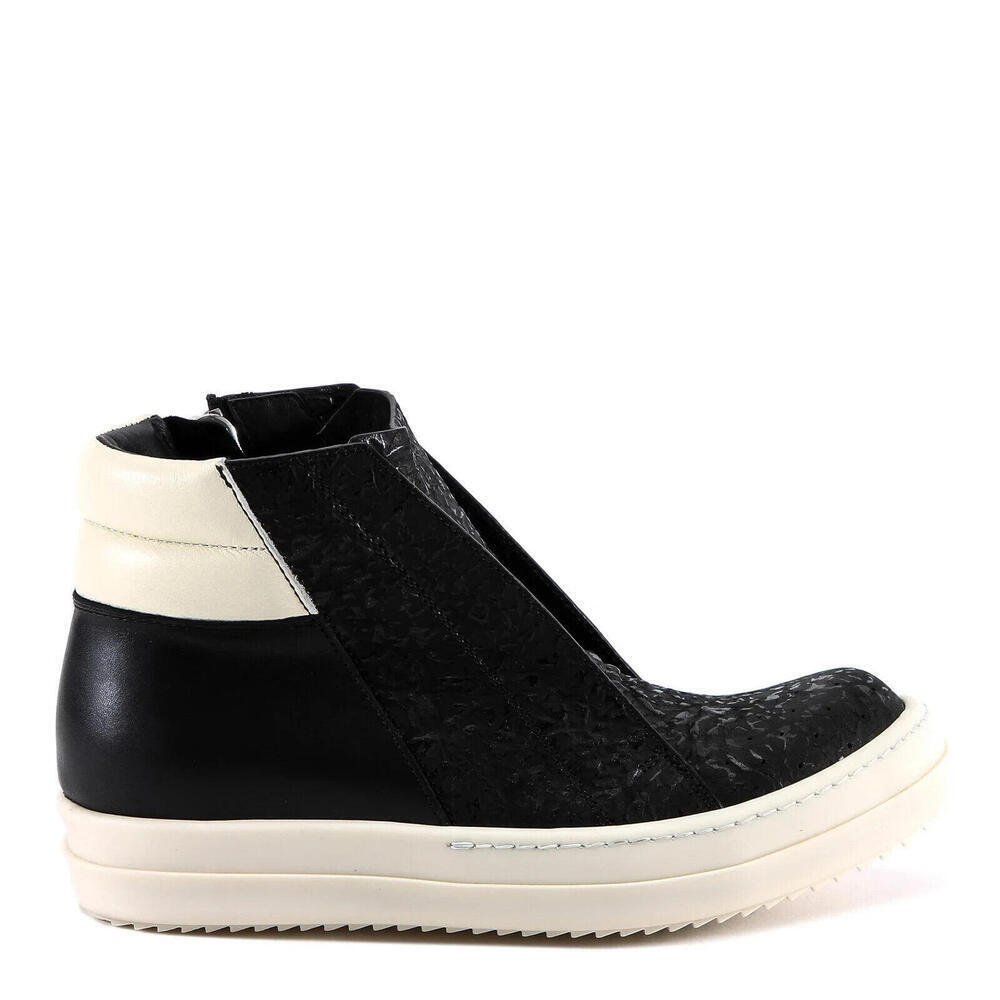 Rick Owens Women's 37.5 Black White Leather Island Dunk Combo Hi-Top Sneakers